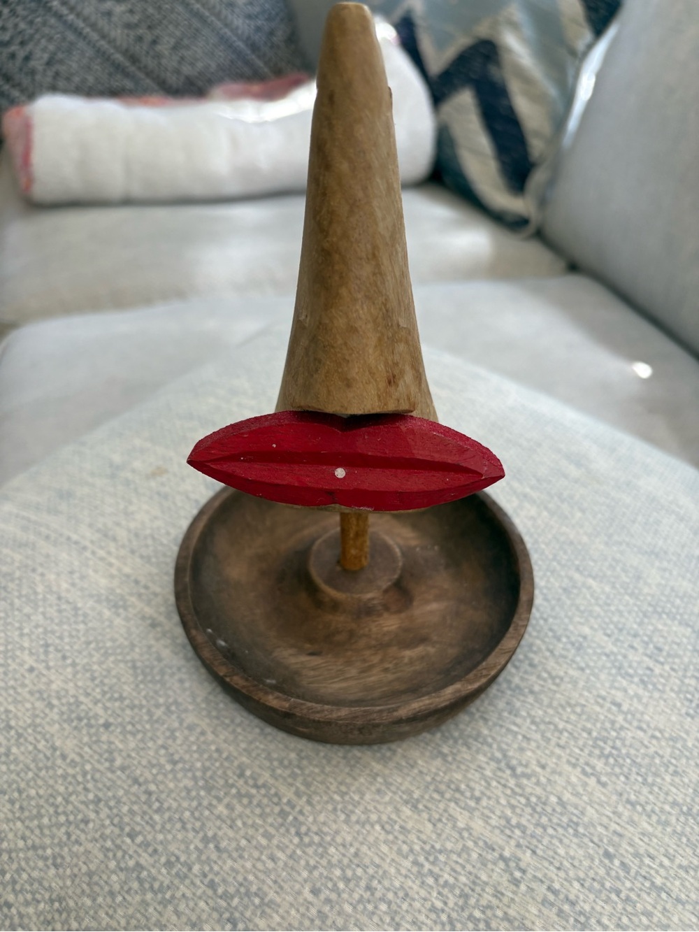 Wooden Ring Holder with Red Lip Accent